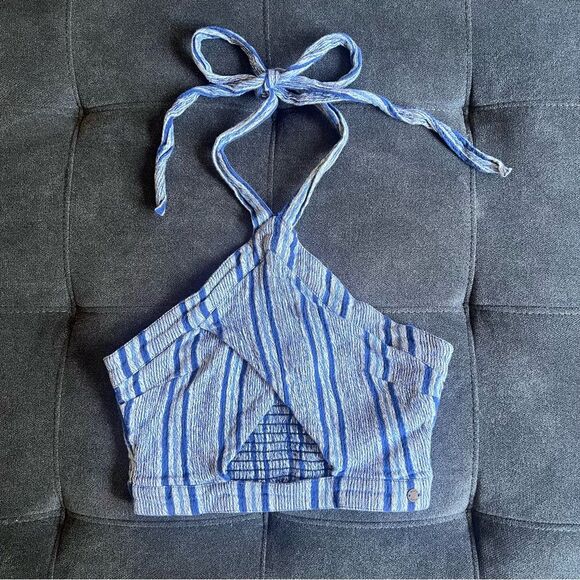 Roxy Blue Striped Cutout Cropped Halter Top - Picture 5 of 10